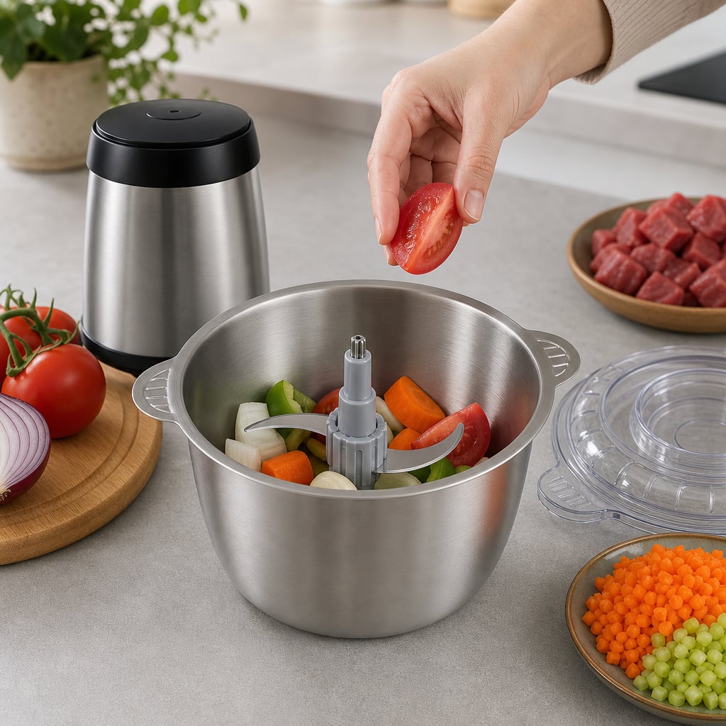 Paso 1: Coloca las cuchillas y añade ingredientes al recipiente metálico